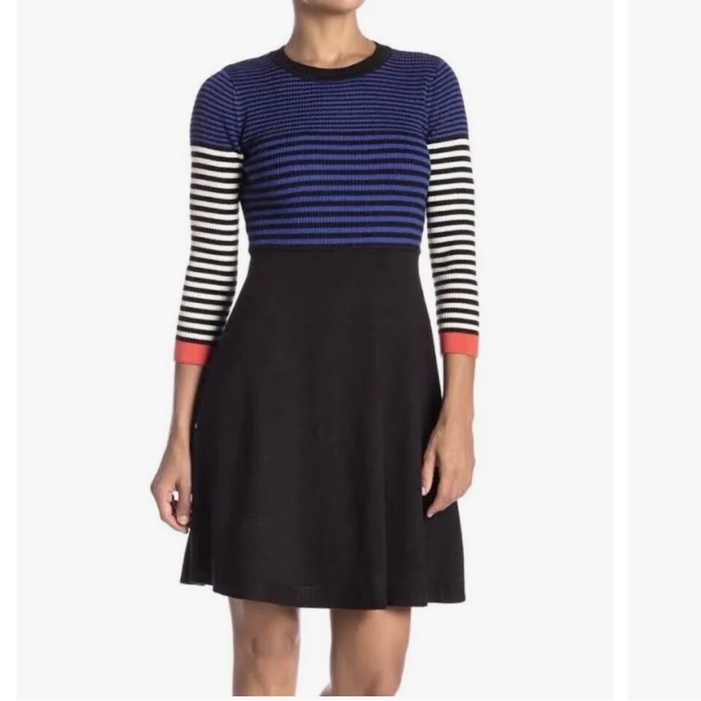 Eliza J Striped Knit Colorblock Women Fit & Flare Dress Long Sleeve
